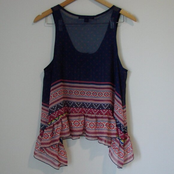 Beaded Flowy Tank Top Boho Hippie Blue Red Asymmetrical Hem Sheer Size Medium - Picture 10 of 13